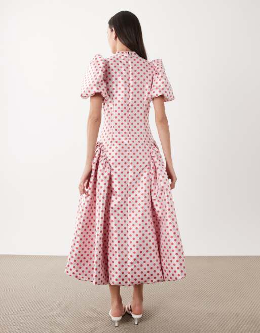 Dream Sister Jane polka dot jacquard puff sleeve bubble hem midi dress in  pink | ASOS