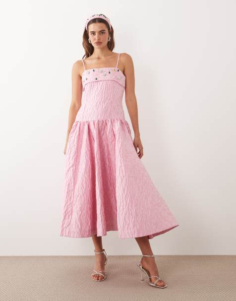 Dream Sister Jane Posy Jacquard square neck embellished detail drop waist midi dress co-ord in pink - view 1