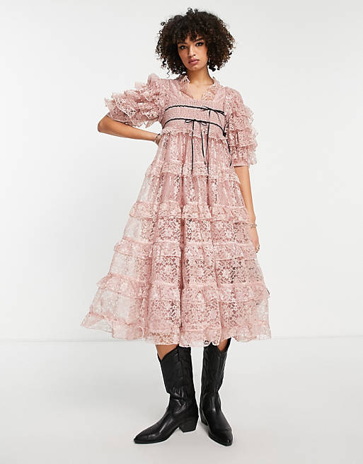 Dresses Dream Sister Jane premium lace midi dress in soft pink 