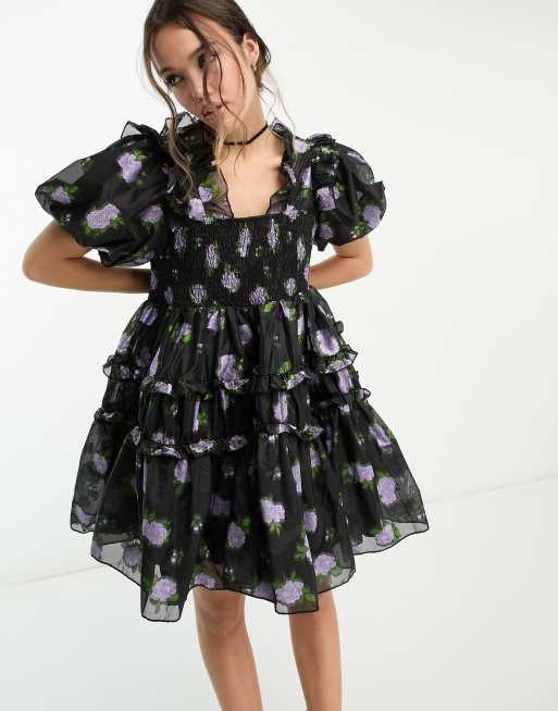 Dream Sister Jane puff sleeve frill mini dress in black floral