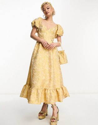 Dream Sister Jane puff sleeve jacquard midaxi dress co-ord in yellow