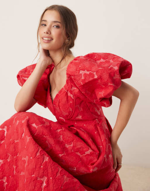 Dream Sister Jane puff sleeve jacquard midaxi dress in red