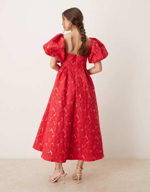 Dream Sister Jane puff sleeve jacquard midaxi dress in red