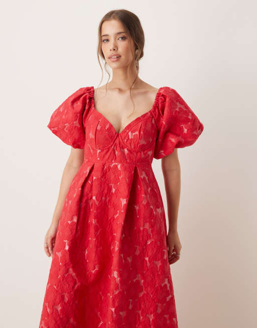 Dream Sister Jane puff sleeve jacquard midaxi dress in red