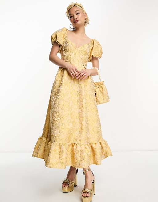 Dream Sister Jane puff sleeve jacquard midaxi dress in yellow (part of a set)