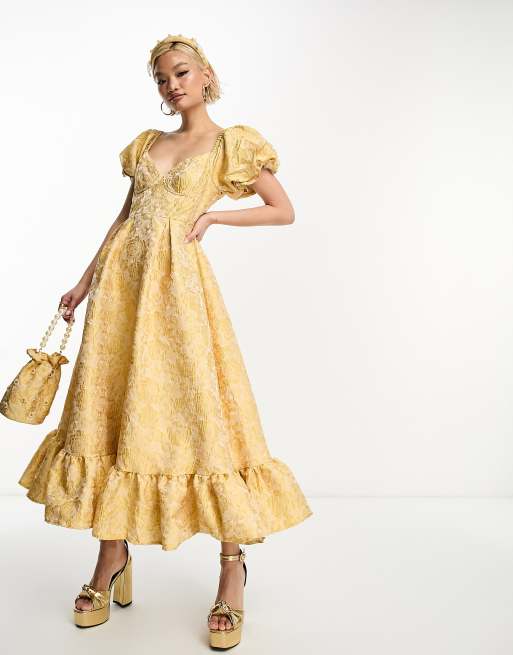 Dream Sister Jane puff sleeve jacquard midaxi dress in yellow - part of a  set