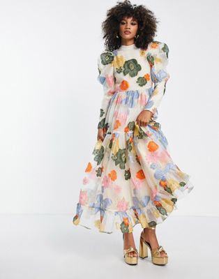 Dream Sister Jane puff sleeve maxi dress in rainbow floral jacquard