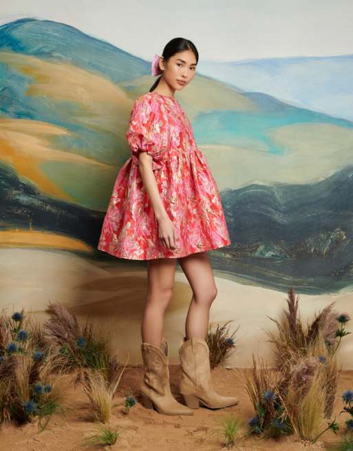 Dream Sister Jane puff sleeve mini dress in red and pink, 2 of 4