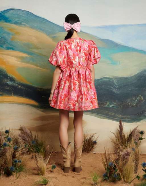 Dream Sister Jane puff sleeve mini dress in red and pink | ASOS