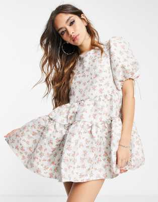 Shop Sister Jane Dream  Puff Sleeve Mini Dress With Open Back In Delicate Rose Jacquard-white