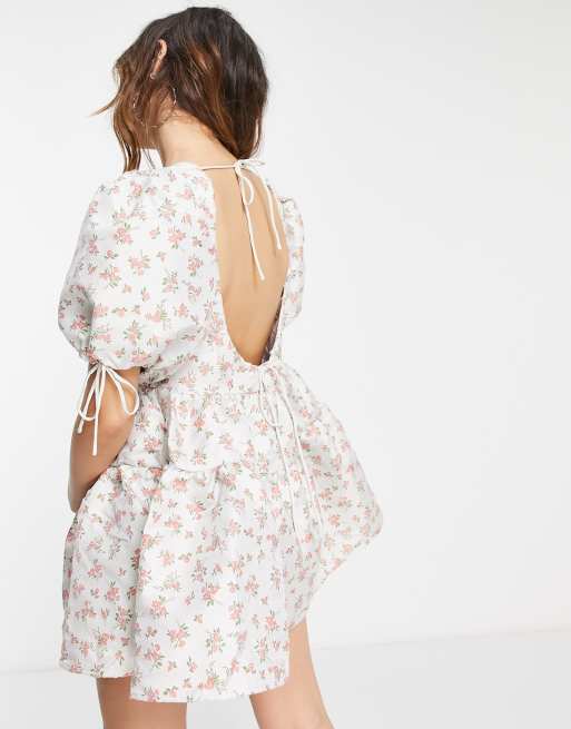 Dream Sister Jane puff sleeve mini dress with open back in delicate rose  jacquard