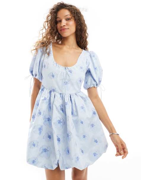 Dream Sister Jane puff sleeve mini embroidered dress in powder blue - view 1