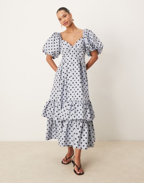 Dream Sister Jane puff sleeve ruffle maxi dress in pale blue polka dot