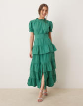 Sister Jane puff sleeve jacquard midi dress in bright pink floral