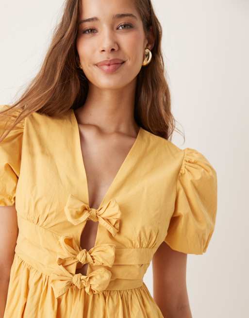 Dream Sister Jane - Robe courte à manches bouffantes et nœuds devant - Jaune, 2 de 4