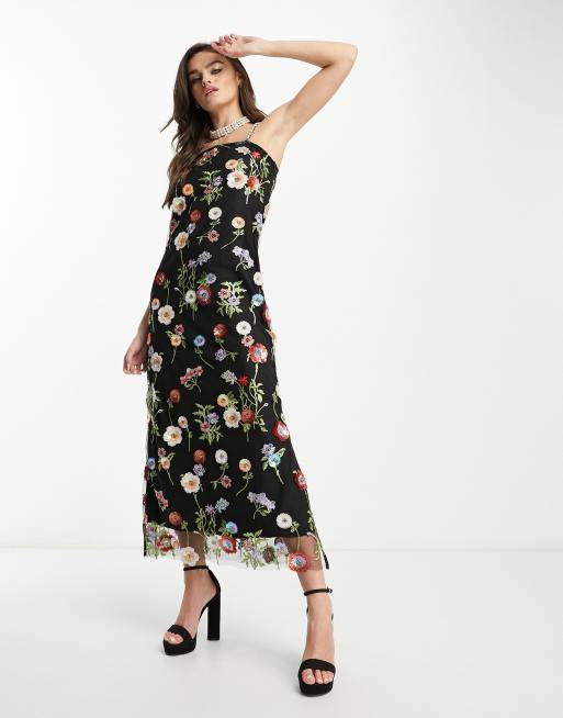 Dream Sister Jane - Robe mi-longue brodée à fleurs variées - Noir