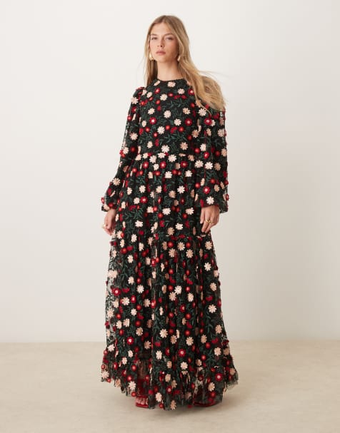Dream Sister Jane rose floral maxi dress in black