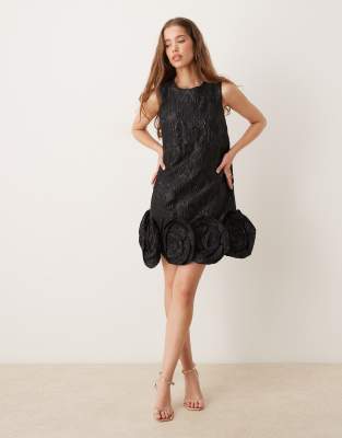 Sister Jane Dream  Rosette Hem Jacquard Mini Dress In Black