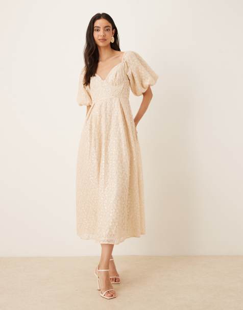 Dream Sister Jane Sally puff sleeve sequin bustier detailing lace midi dress in cream - view 1