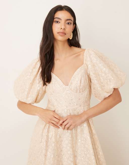 sister jane cream dress Sister Jane puff sleeve bubble hem maxi dress in ivory