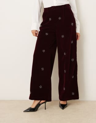 Sister Jane Dream  Satine Floral Embellished Velvet Pants In Red