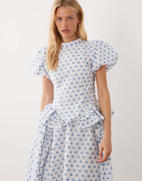 Dream Sister Jane Sea Salt jacquard puff sleeve ruffle hem top in white polka dot - part of a set - view 1