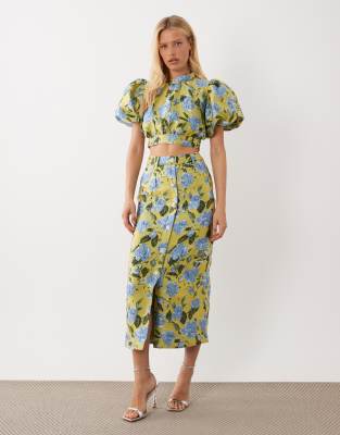 Dream Sister Jane Seagrass jacquard mid rise midi skirt co-ord in green floral