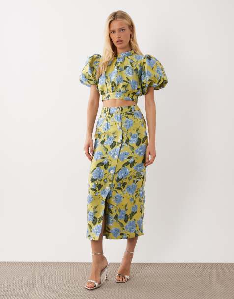 Dream Sister Jane Seagrass jacquard mid rise midi skirt in green floral - part of a set - view 1