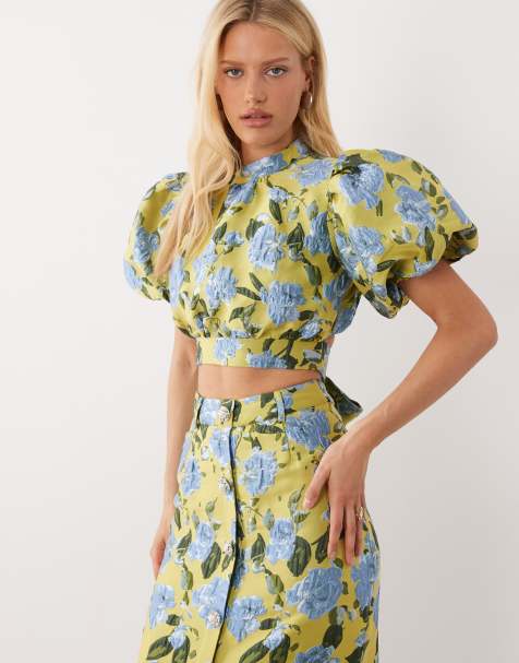 Dream Sister Jane Seagrass jacquard puff sleeve top co-ord in green floral