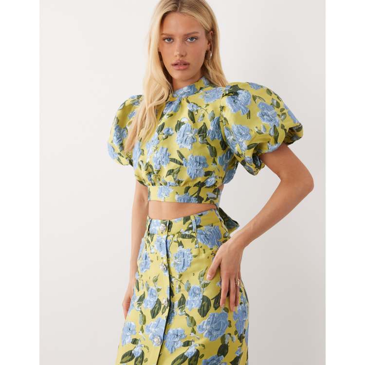 Dream Sister Jane Seagrass jacquard puff sleeve top in green