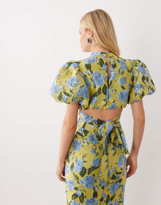 Dream Sister Jane Seagrass jacquard puff sleeve top in green