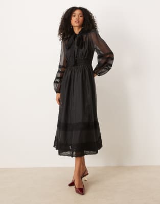Dream Sister Jane sheer lace mix pussybow midi dress in black
