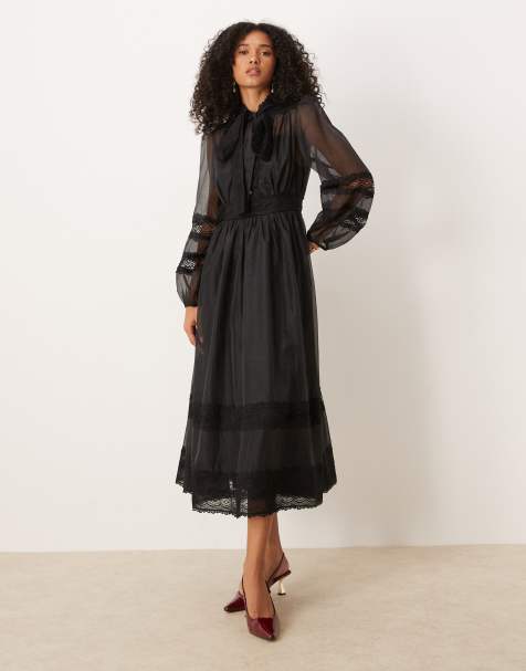 Dream Sister Jane sheer lace mix pussybow midi dress in black - view 1