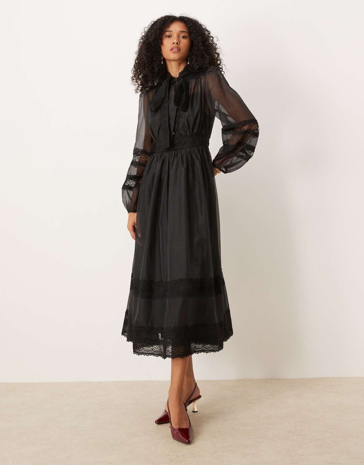 Dream Sister Jane sheer lace mix pussybow midi dress in black