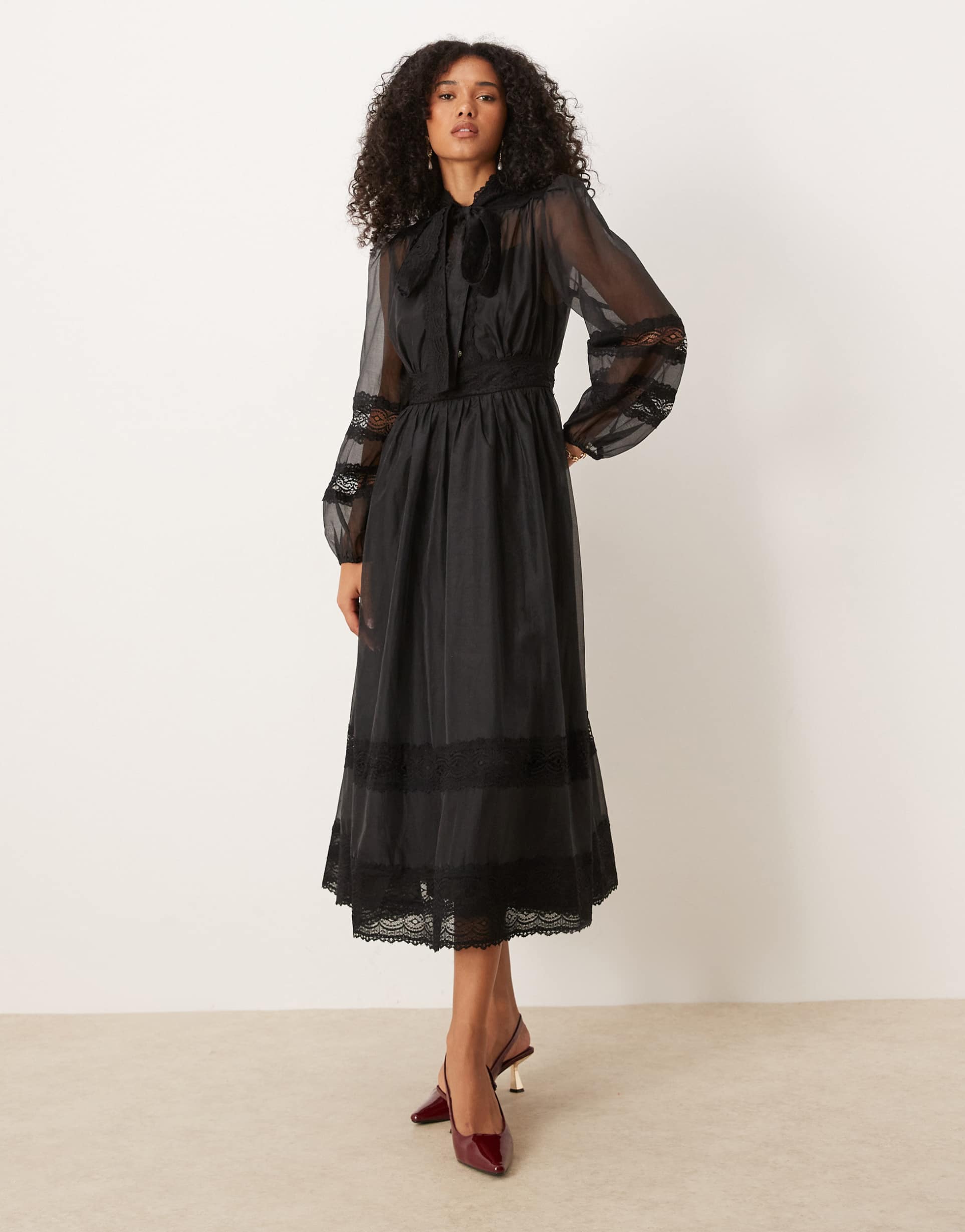 dream sister jane sheer lace mix pussybow midi dress in black