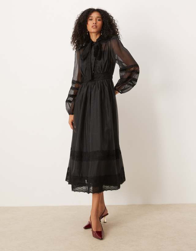 Dream Sister Jane sheer lace mix pussybow midi dress in black | ASOS