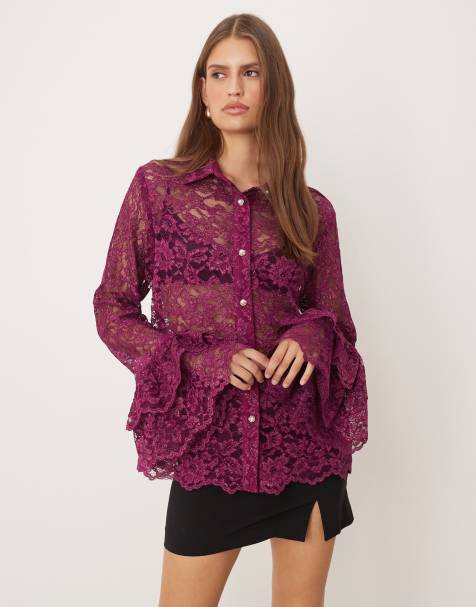 Dream Sister Jane shirt with oversized ruffle cuffs in purple shimmer lace