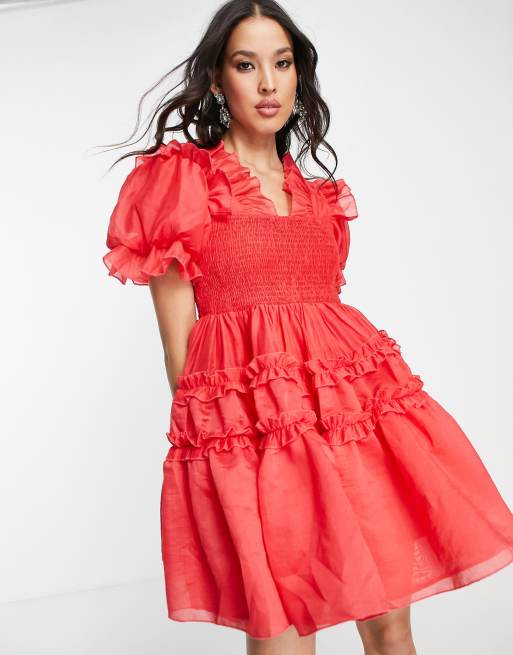 Dream Sister Jane short sleeve organza puff mini dress in red | ASOS