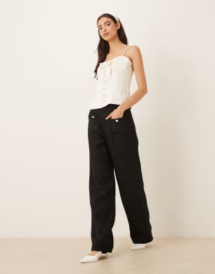 Sister Jane Dream  Showgirls Tweed Faux-pearl Pocket Detail Wide Leg Pants In Black