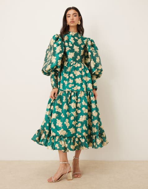 Dream Sister Jane Showstopper high neck puff sleeve jacquard midi dress in green and gold - view 1