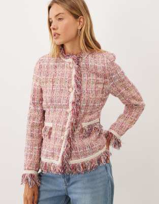Sister Jane Dream  Solace Tweed Collarless Fringe Detail Jacket In Pink