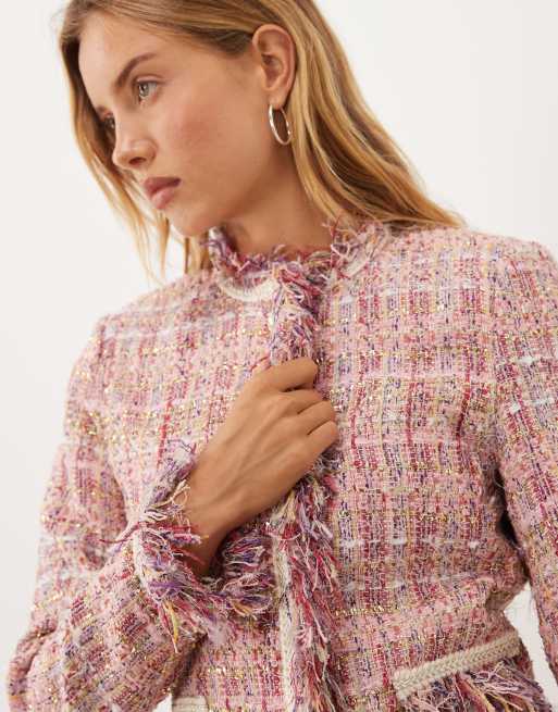 Dream Sister Jane Solace tweed collarless fringe detail jacket in pink, 2 of 4