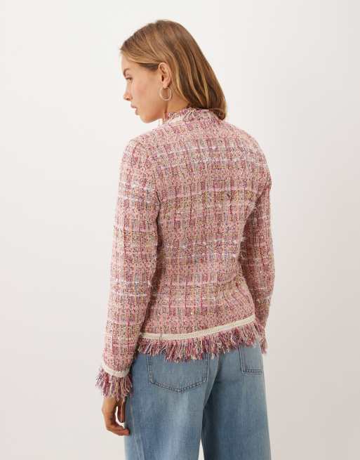 Dream Sister Jane Solace tweed collarless fringe detail jacket in pink, 3 of 4