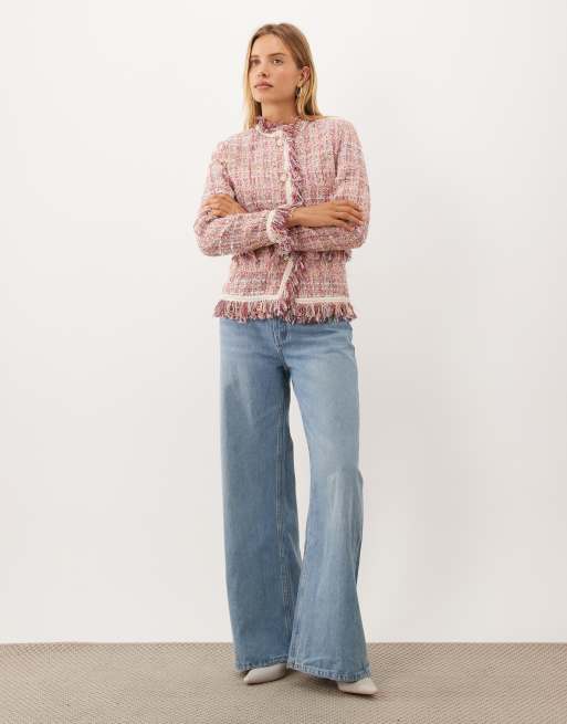 Dream Sister Jane Solace tweed collarless fringe detail jacket in pink, 4 of 4