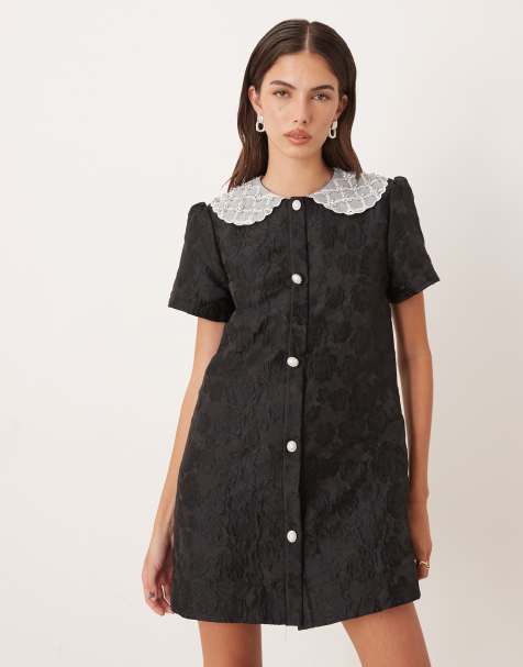 Dream Sister Jane - Sort minikjole i jacquard med krave i blondemateriale - view 1