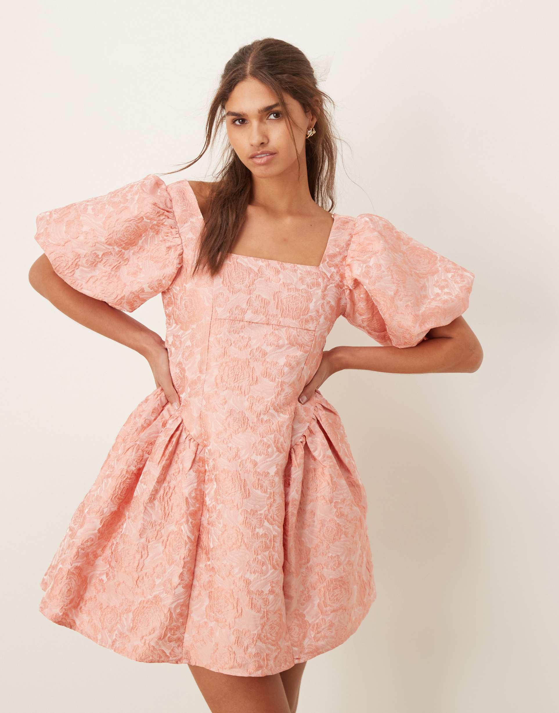 dream sister jane square neck jacquard mini dress in pink