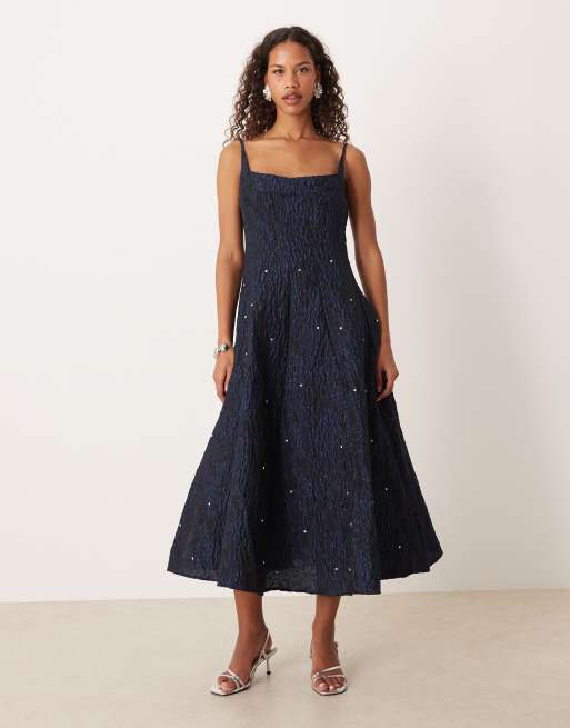Dream Sister Jane square neck slim strap jacquard midi dress with gem studs in navy