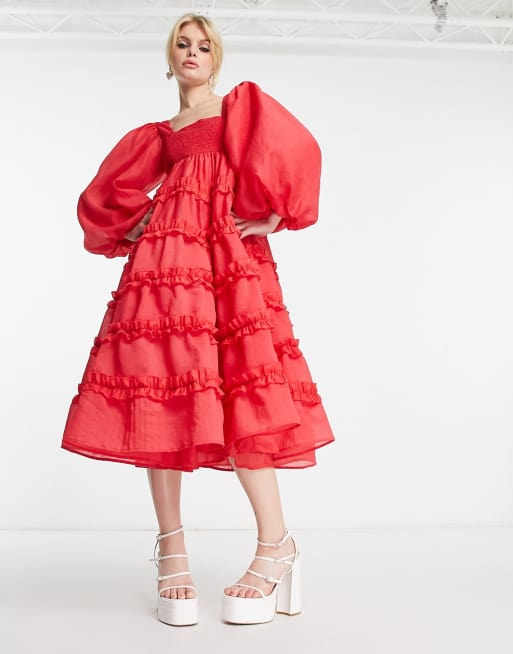 Dream Sister Jane squareneck tiered organza midi dress in red | ASOS