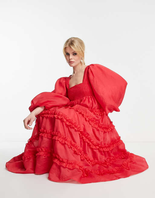 Dream Sister Jane squareneck tiered organza midi dress in red