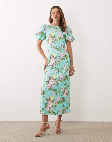 Dream Sister Jane Stella sequin embellished puff sleeve round neck maxi dress in turquoise floral - view 1